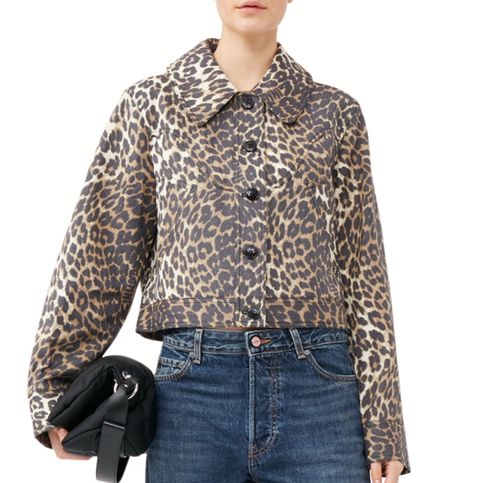 Ganni Leopard Printed Canvas Short Jacket