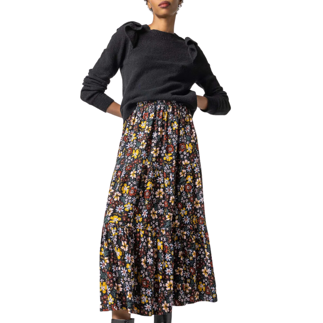 Lilla P Floral Tiered Midi Skirt