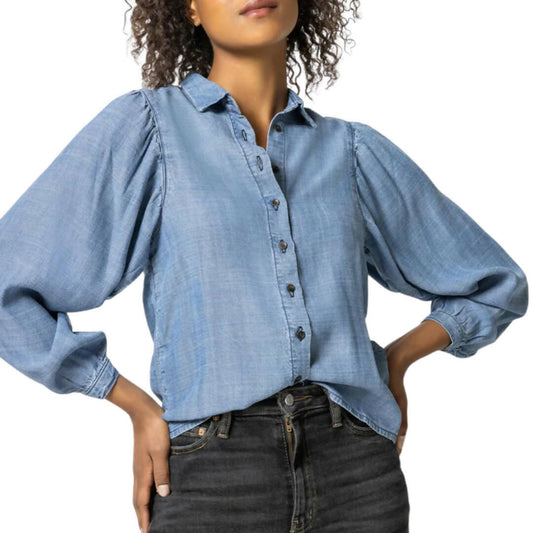 Lilla P Chambray Shirred Sleeve Buttondown